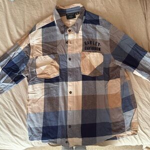 Harley-Davidson Blue and Tan Plaid Shirt